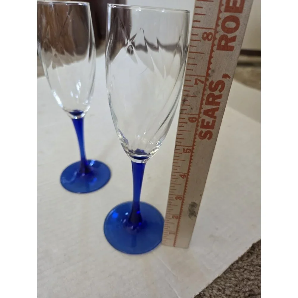 Vintage Cobalt Blue Stem Champagne Flute Wine‎ Glasses 8.25
